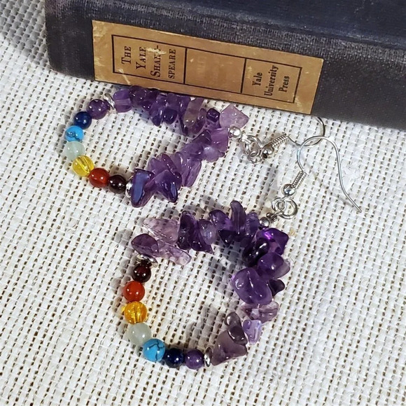 Amethyst 7 Chakras Yoga Om Zen Mindful Gemstone Beads Teardrop Earrings - Picture 5 of 10